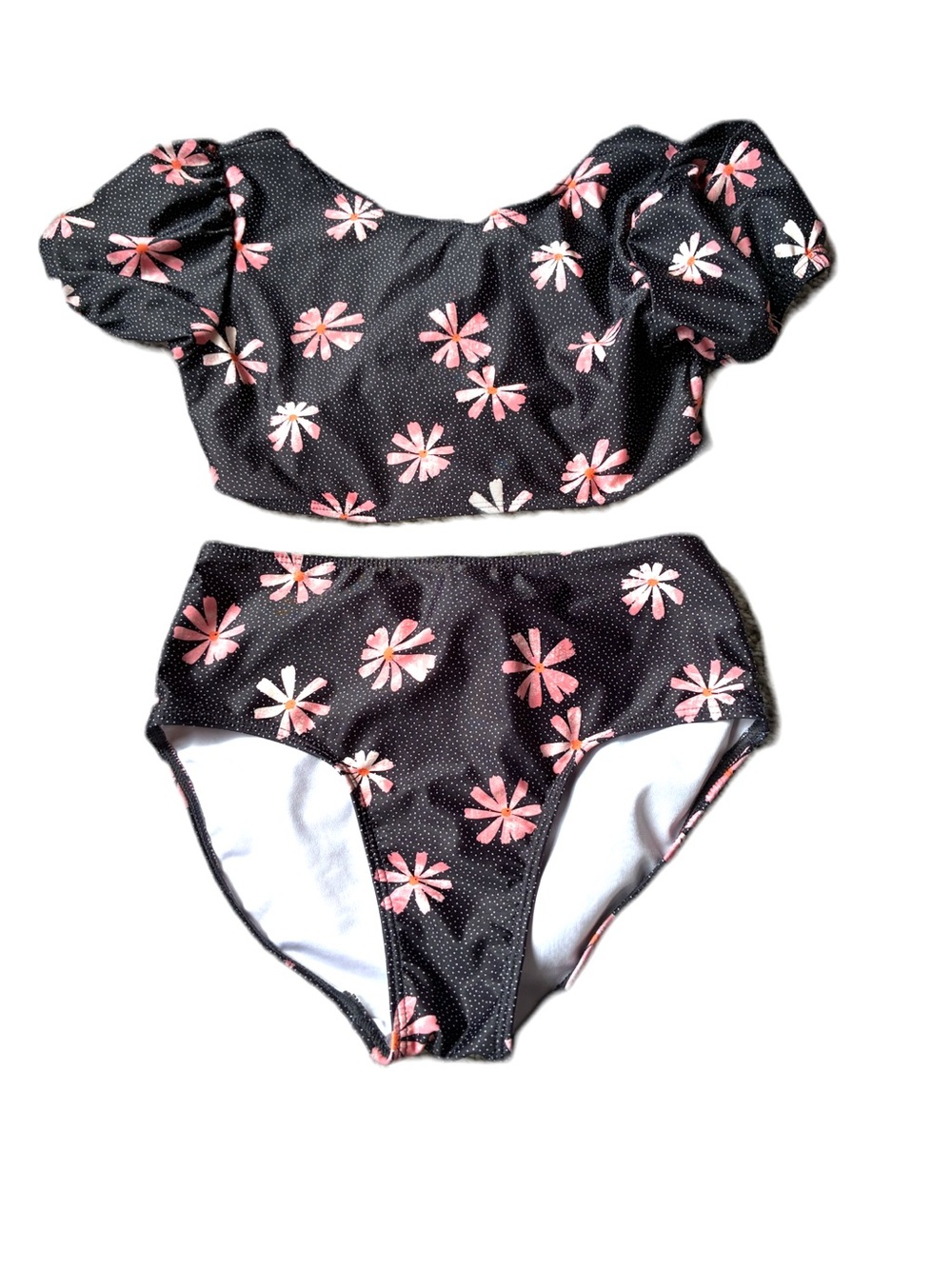 Kids Black Floral Two-Piece Swim Set - Pink Floral Print